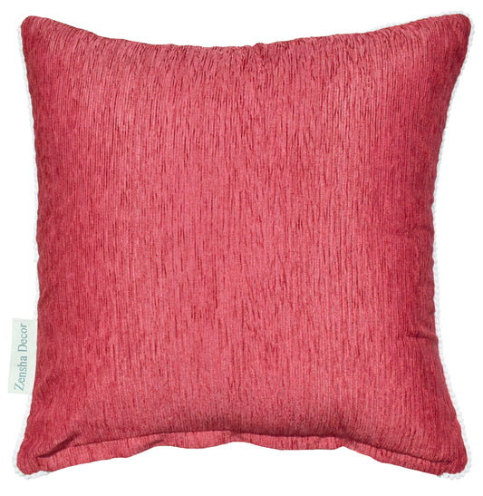 Red Velvet Cushion Cover with White Pom Pom Trim – Soft Polyester Decorative Pillow Cover