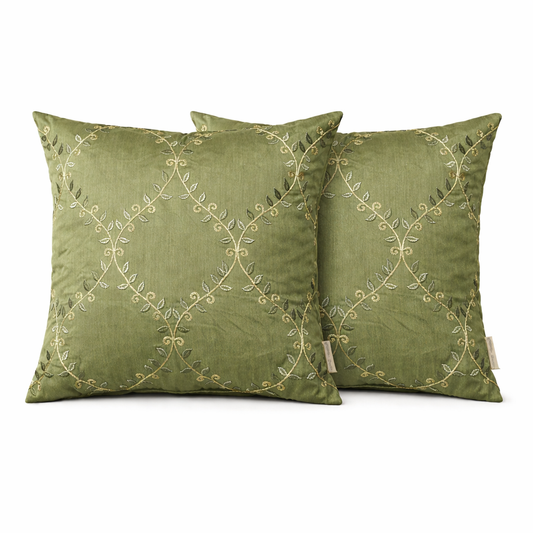 Premium Green Embroidered Cushion Cover with Filler | Elegant Floral Vine Thread Work Decorative Throw Pillow Cover