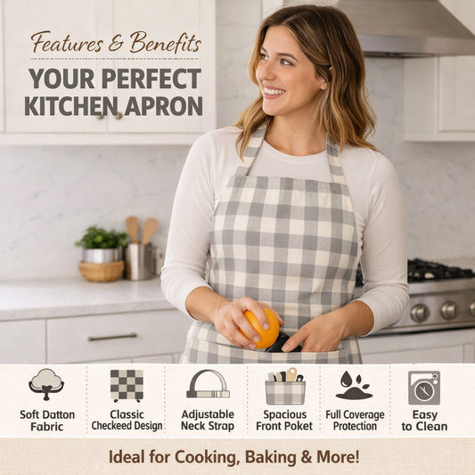Premium Cotton Checkered Kitchen Apron with Pockets – Grey