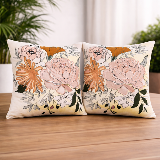 Floral Cotton Cushion Cover with Polyester Filler Insert | Soft Decorative Throw Pillow | Living Room & Bedroom Décor