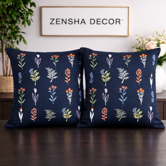 Embroidered Floral Cotton Cushion Cover with Polyester Filler Insert | Decorative Throw Pillow for Sofa & Bedroom
