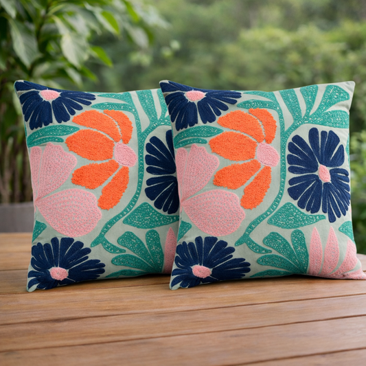 Embroidered Floral Cotton Cushion with Polyester Filler Insert
