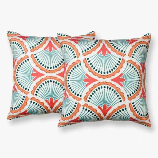 Coral & Teal Fan Pattern Poly Velvet Cushion Cover with Premium Cushion Insert | Decorative Throw Pillow
