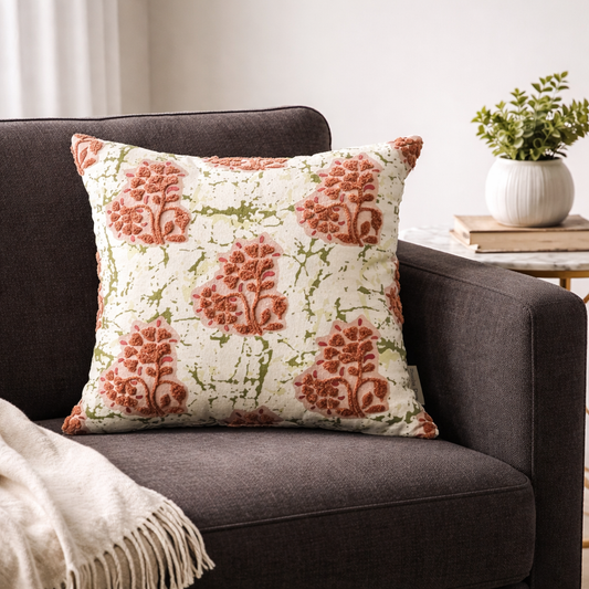 Premium Cotton Cushion Cover with Insert | Textured Floral Tufted Design | Soft Decorative Sofa Cushion | Modern Living Room Accent Pillow | 16x16 Inch