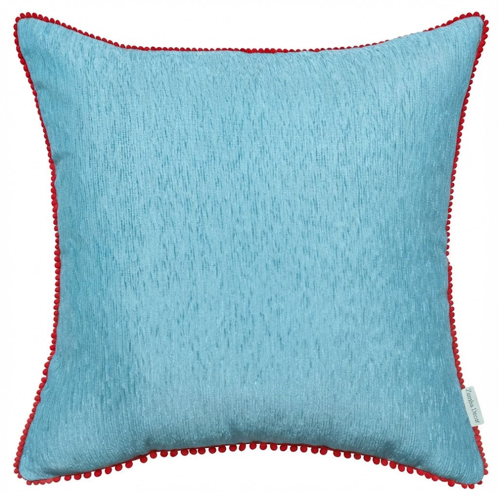 Velvet Cushion Cover with Red Pom Pom Trim – Soft Polyester Decorative Pillow Cover