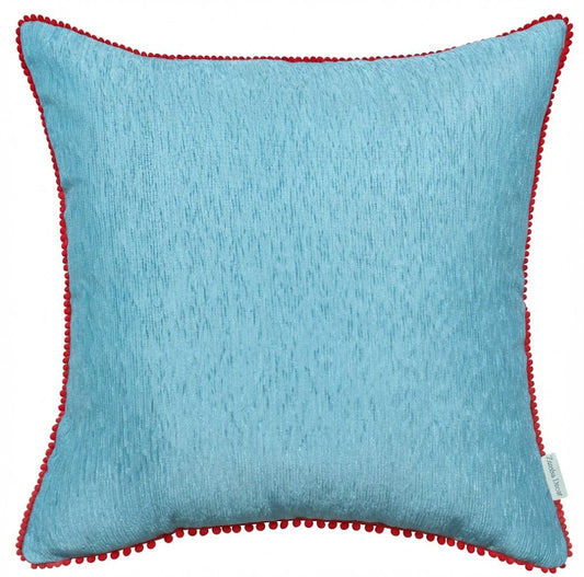 Velvet Cushion Cover with Red Pom Pom Trim – Soft Polyester Decorative Pillow Cover