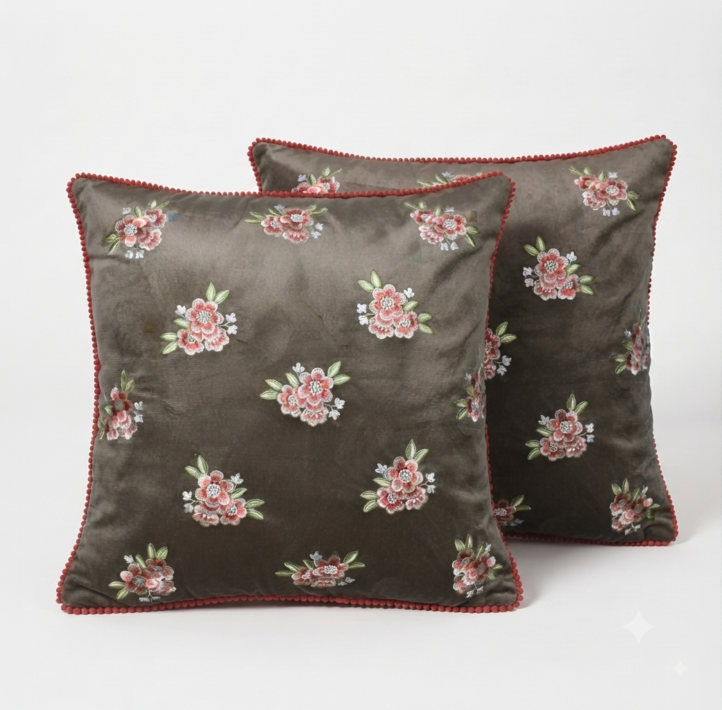 Zensha Decor 18x18 Inch Velvet Floral Embroidered Cushion Cover – Taupe Grey