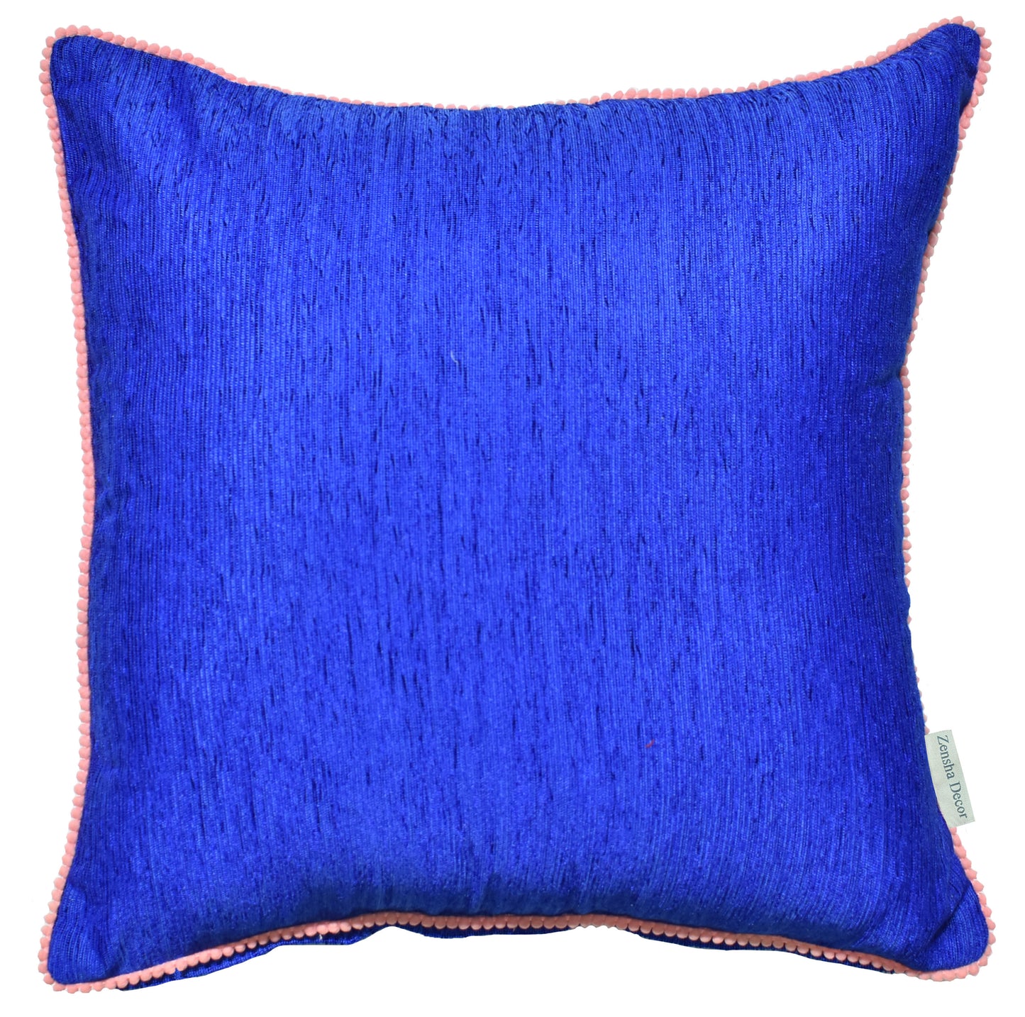 Navy Velvet Cushion Cover with Pink Pom Pom Trim – Soft Polyester Decorative Pillow Cover