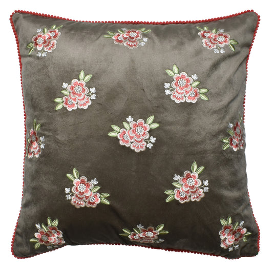 Zensha Decor 18x18 Inch Velvet Floral Embroidered Cushion Cover – Taupe Grey