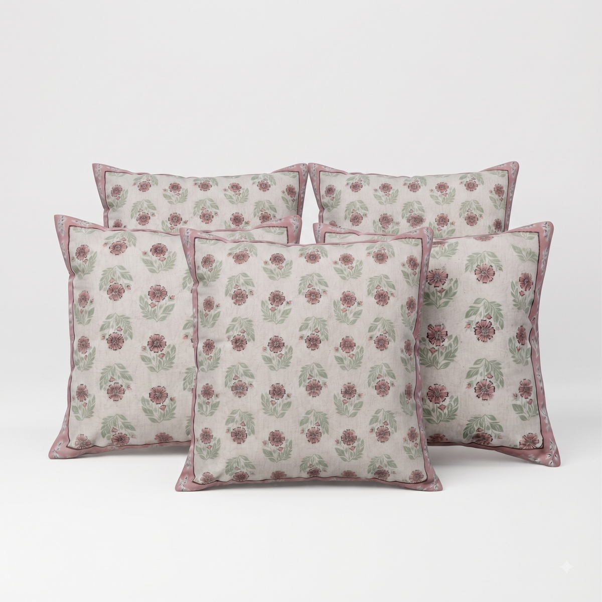 Zensha Decor Cotton Linen Cushion Cover 18 x 18 Inch, Off White Floral Block Print with Pink & Green Design