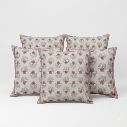 Zensha Decor Cotton Linen Cushion Cover 18 x 18 Inch, Off White Floral Block Print with Pink & Green Design