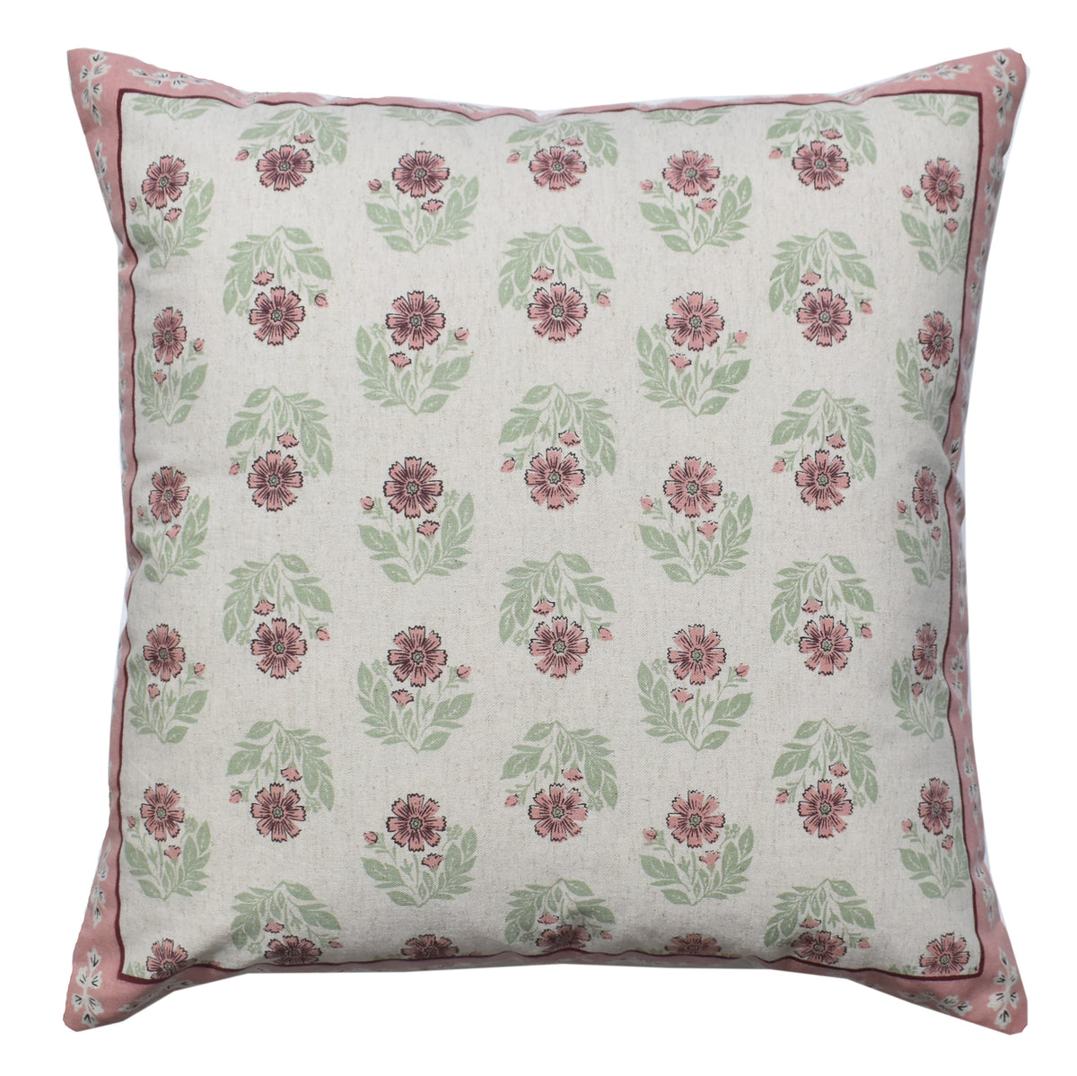 Zensha Decor Cotton Linen Cushion Cover 18 x 18 Inch, Off White Floral Block Print with Pink & Green Design