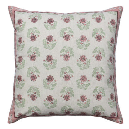 Zensha Decor Cotton Linen Cushion Cover 18 x 18 Inch, Off White Floral Block Print with Pink & Green Design
