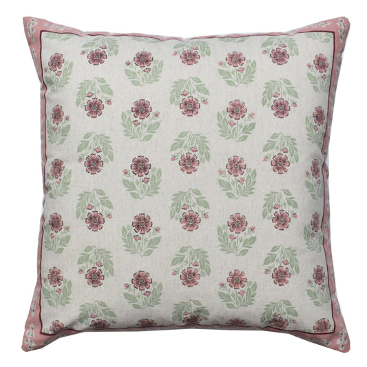 Zensha Decor Cotton Linen Cushion Cover 18 x 18 Inch, Off White Floral Block Print with Pink & Green Design