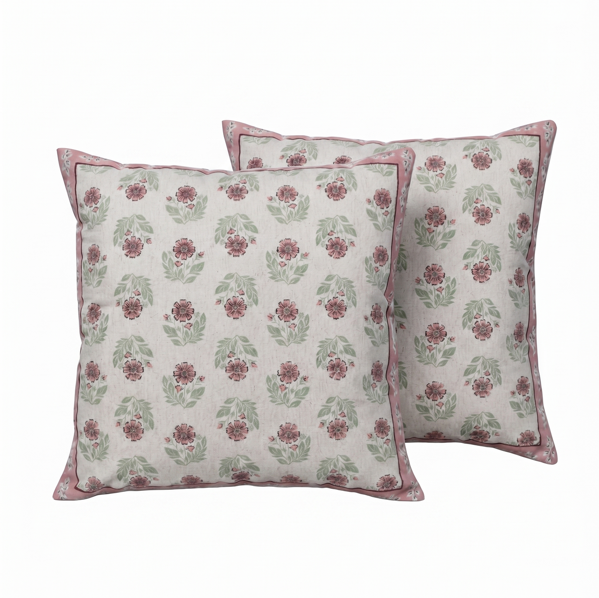 Zensha Decor Cotton Linen Cushion Cover 18 x 18 Inch, Off White Floral Block Print with Pink & Green Design