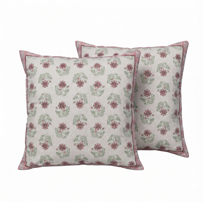 Zensha Decor Cotton Linen Cushion Cover 18 x 18 Inch, Off White Floral Block Print with Pink & Green Design