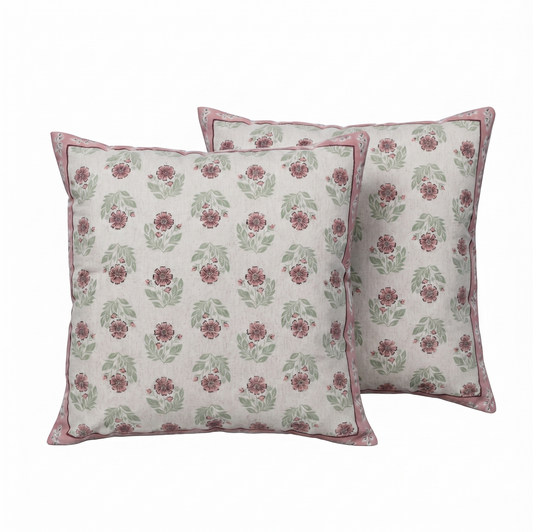 Zensha Decor Cotton Linen Cushion Cover 18 x 18 Inch, Off White Floral Block Print with Pink & Green Design