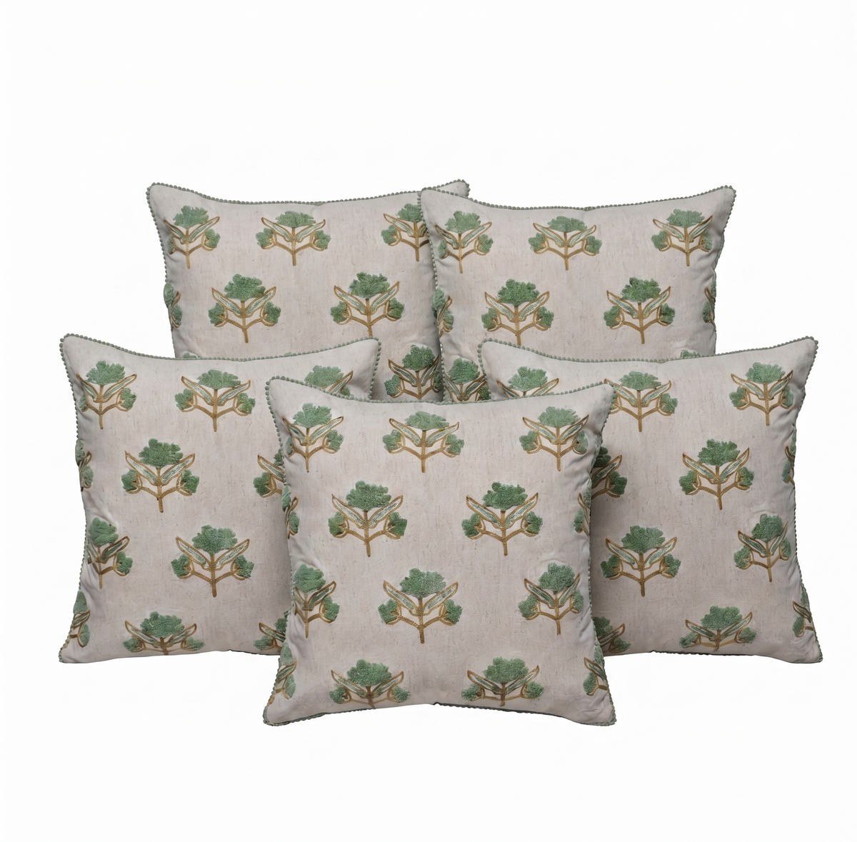 Zensha Decor 18 x 18 Inch Cotton Linen Cushion Cover, Tufted Floral Crewel Embroidery, Ivory with Sage Green & Ochre, Pom-Pom Trim