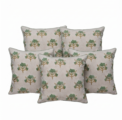 Zensha Decor 18 x 18 Inch Cotton Linen Cushion Cover, Tufted Floral Crewel Embroidery, Ivory with Sage Green & Ochre, Pom-Pom Trim