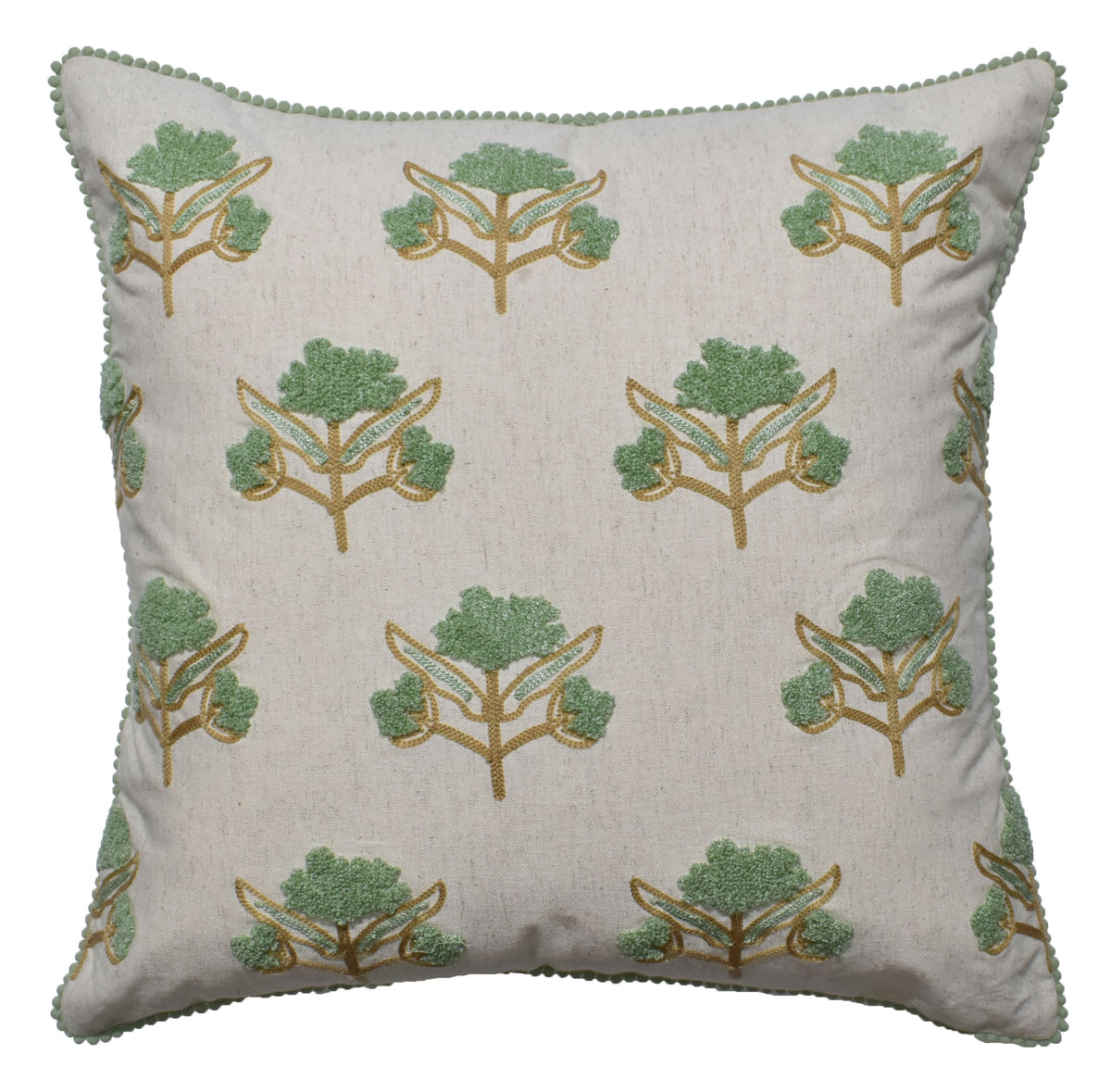 Zensha Decor 18 x 18 Inch Cotton Linen Cushion Cover, Tufted Floral Crewel Embroidery, Ivory with Sage Green & Ochre, Pom-Pom Trim