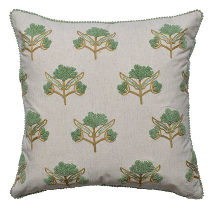 Zensha Decor 18 x 18 Inch Cotton Linen Cushion Cover, Tufted Floral Crewel Embroidery, Ivory with Sage Green & Ochre, Pom-Pom Trim