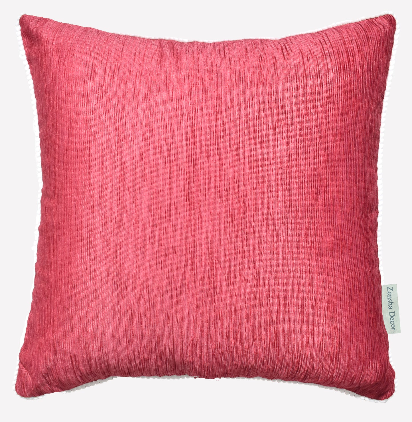 Red Velvet Cushion Cover with White Pom Pom Trim – Soft Polyester Decorative Pillow Cover