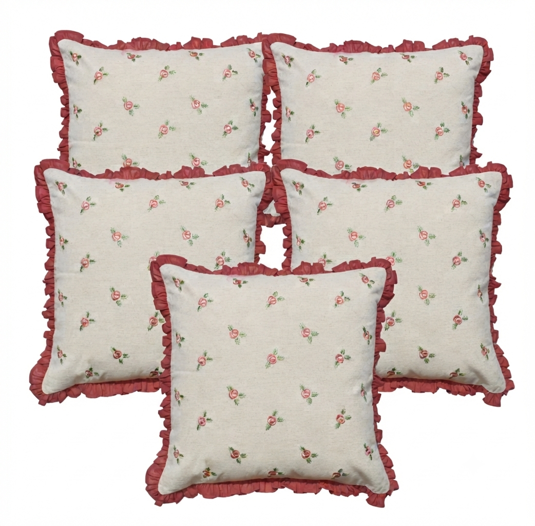 Zensha Decor 18 x 18 Inch Cotton Linen Cushion Cover, Embroidered Rose Floral Pillow Cover with Dusty Rose Ruffle Trim – Ivory