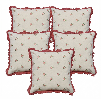 Zensha Decor 18 x 18 Inch Cotton Linen Cushion Cover, Embroidered Rose Floral Pillow Cover with Dusty Rose Ruffle Trim – Ivory