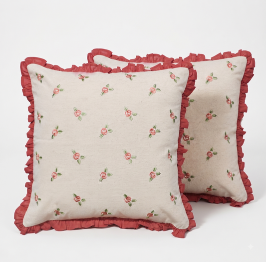 Zensha Decor 18 x 18 Inch Cotton Linen Cushion Cover, Embroidered Rose Floral Pillow Cover with Dusty Rose Ruffle Trim – Ivory