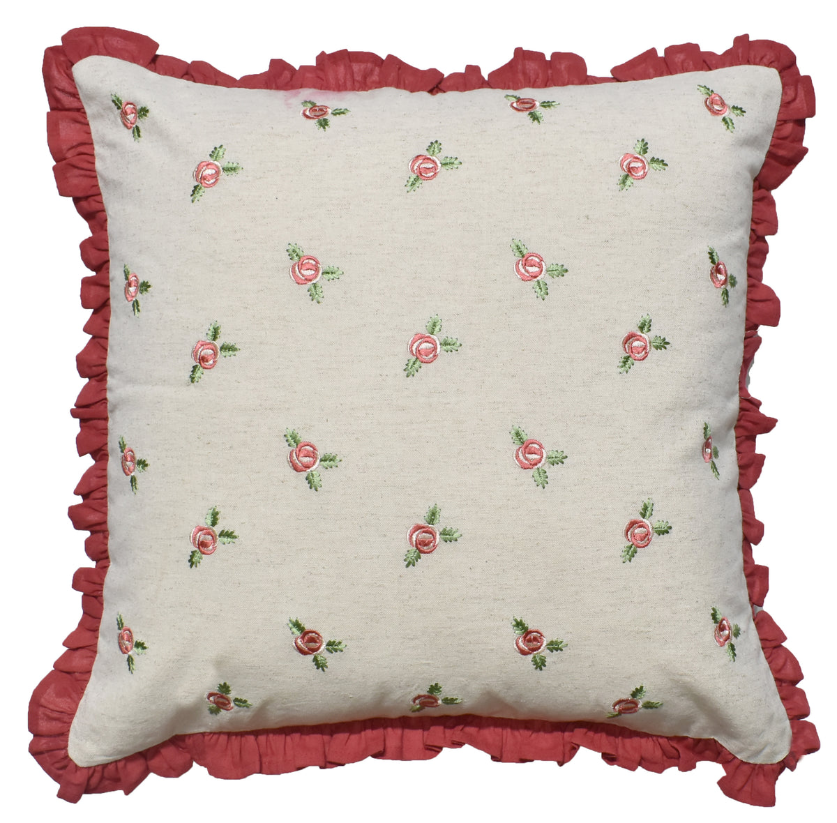 Zensha Decor 18 x 18 Inch Cotton Linen Cushion Cover, Embroidered Rose Floral Pillow Cover with Dusty Rose Ruffle Trim – Ivory