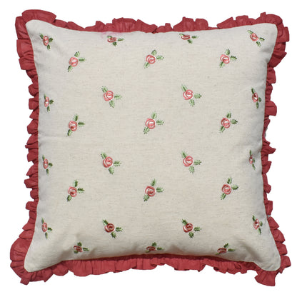 Zensha Decor 18 x 18 Inch Cotton Linen Cushion Cover, Embroidered Rose Floral Pillow Cover with Dusty Rose Ruffle Trim – Ivory