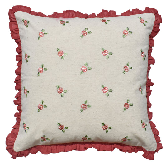 Zensha Decor 18 x 18 Inch Cotton Linen Cushion Cover, Embroidered Rose Floral Pillow Cover with Dusty Rose Ruffle Trim – Ivory