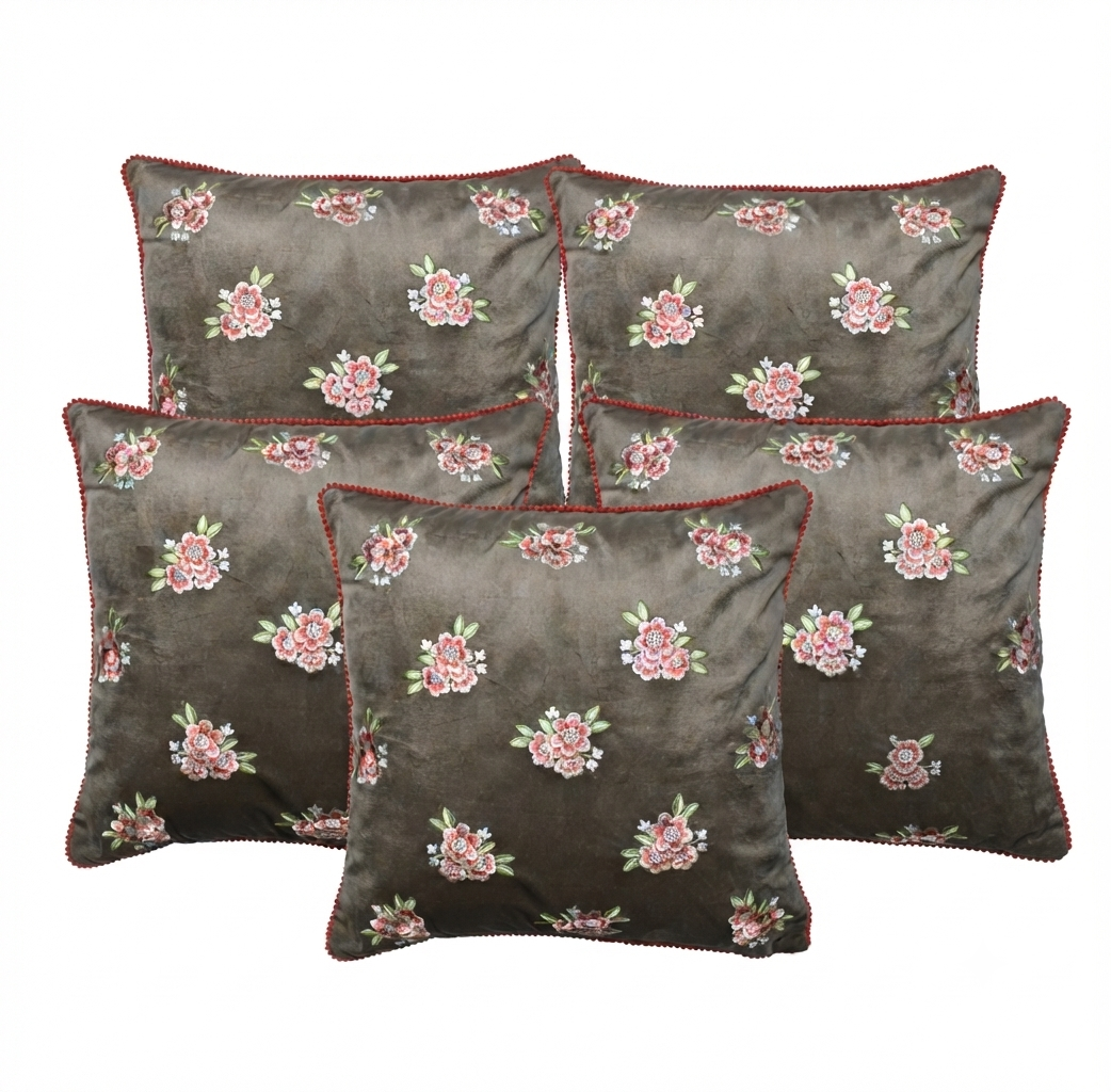 Zensha Decor 18x18 Inch Velvet Floral Embroidered Cushion Cover – Taupe Grey