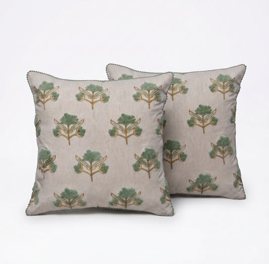 Zensha Decor 18 x 18 Inch Cotton Linen Cushion Cover, Tufted Floral Crewel Embroidery, Ivory with Sage Green & Ochre, Pom-Pom Trim