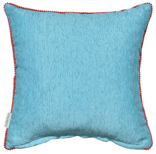 Velvet Cushion Cover with Red Pom Pom Trim – Soft Polyester Decorative Pillow Cover