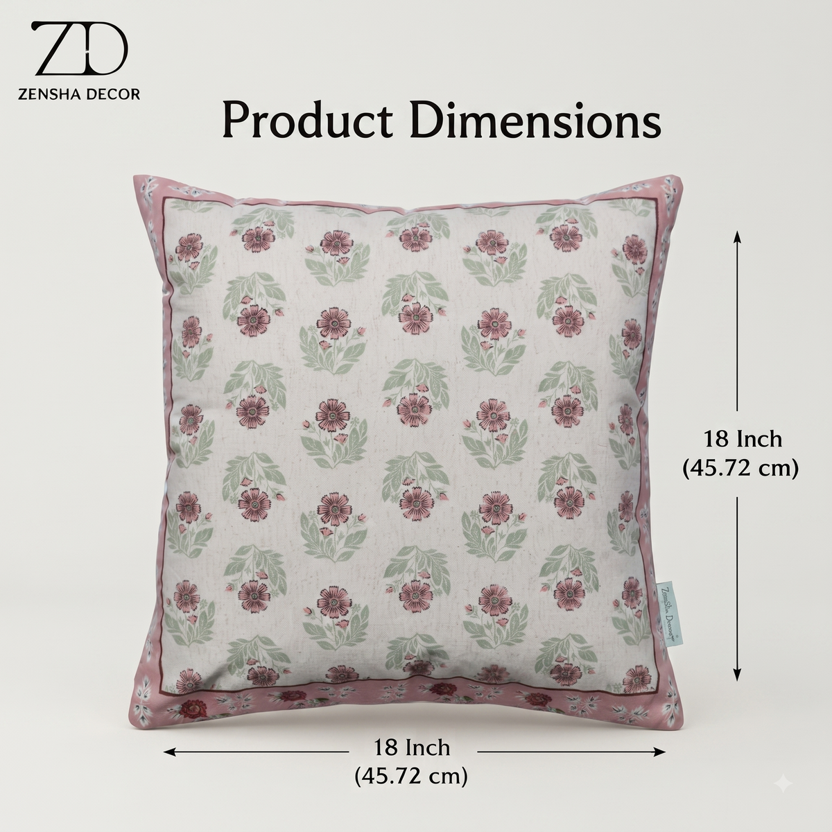 Zensha Decor Cotton Linen Cushion Cover 18 x 18 Inch, Off White Floral Block Print with Pink & Green Design