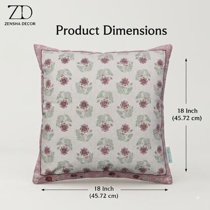 Zensha Decor Cotton Linen Cushion Cover 18 x 18 Inch, Off White Floral Block Print with Pink & Green Design