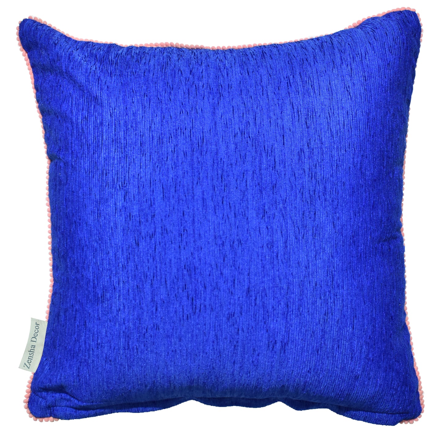 Navy Velvet Cushion Cover with Pink Pom Pom Trim – Soft Polyester Decorative Pillow Cover