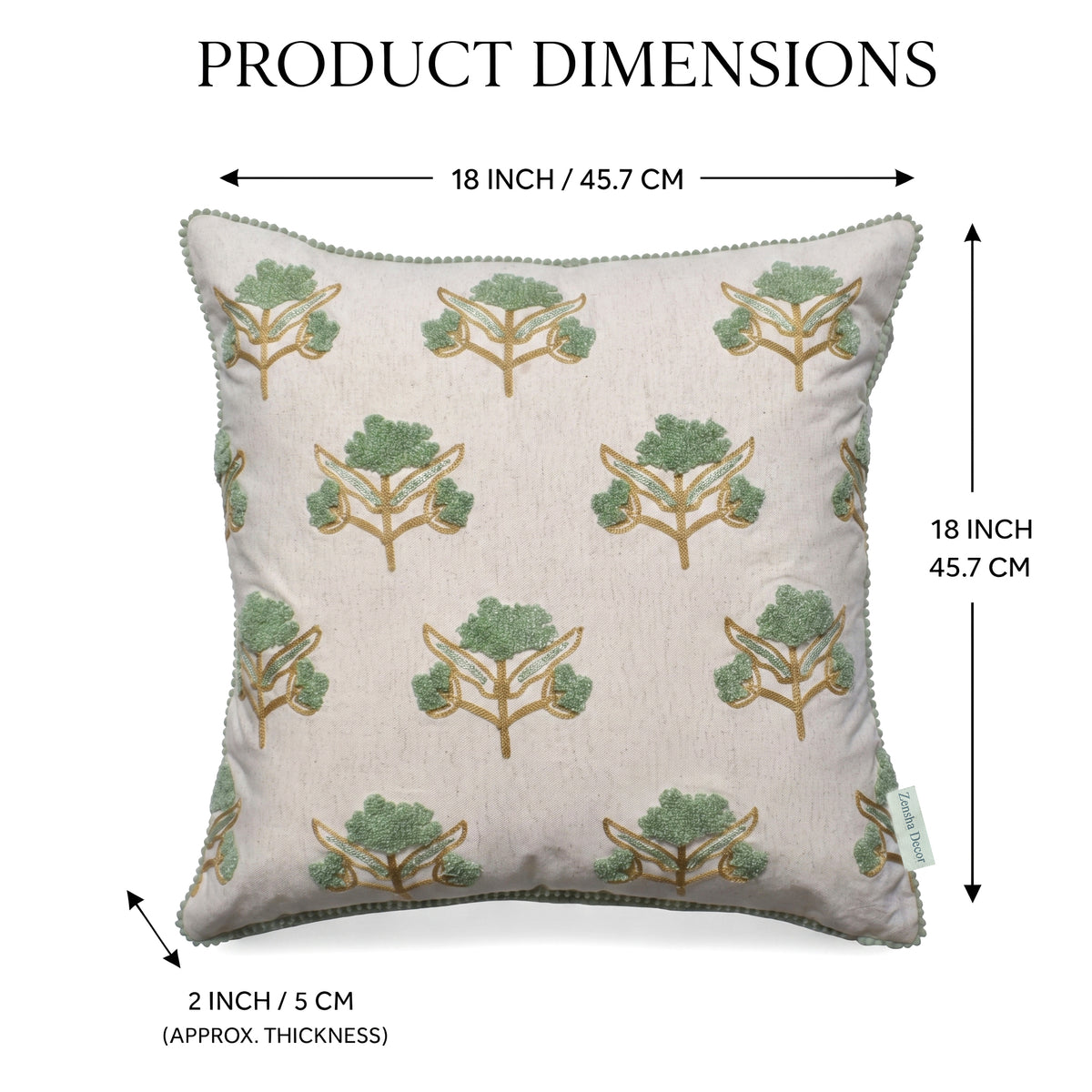 Zensha Decor 18 x 18 Inch Cotton Linen Cushion Cover, Tufted Floral Crewel Embroidery, Ivory with Sage Green & Ochre, Pom-Pom Trim