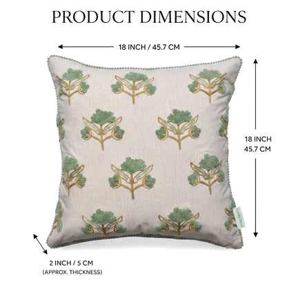 Zensha Decor 18 x 18 Inch Cotton Linen Cushion Cover, Tufted Floral Crewel Embroidery, Ivory with Sage Green & Ochre, Pom-Pom Trim