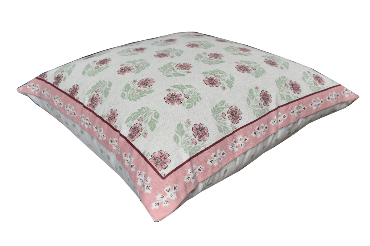 Zensha Decor Cotton Linen Cushion Cover 18 x 18 Inch, Off White Floral Block Print with Pink & Green Design