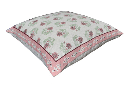 Zensha Decor Cotton Linen Cushion Cover 18 x 18 Inch, Off White Floral Block Print with Pink & Green Design