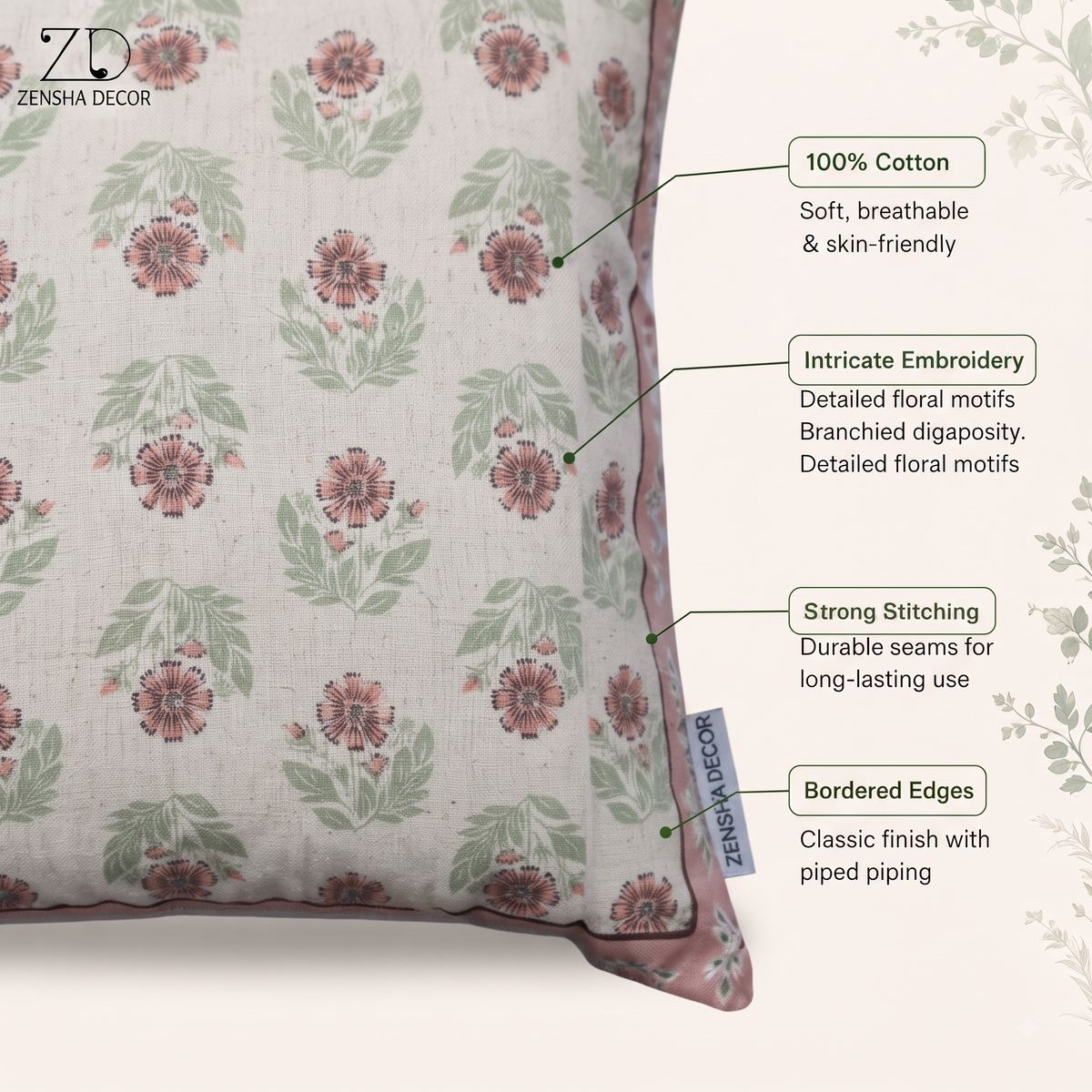 Zensha Decor Cotton Linen Cushion Cover 18 x 18 Inch, Off White Floral Block Print with Pink & Green Design