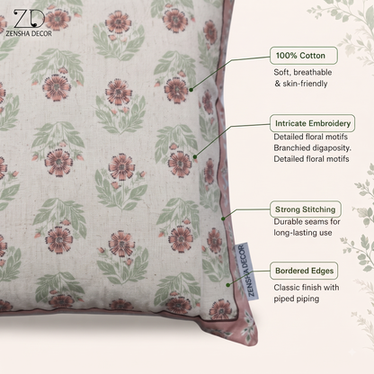 Zensha Decor Cotton Linen Cushion Cover 18 x 18 Inch, Off White Floral Block Print with Pink & Green Design