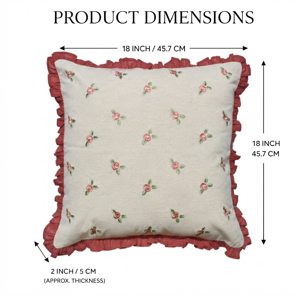 Zensha Decor 18 x 18 Inch Cotton Linen Cushion Cover, Embroidered Rose Floral Pillow Cover with Dusty Rose Ruffle Trim – Ivory