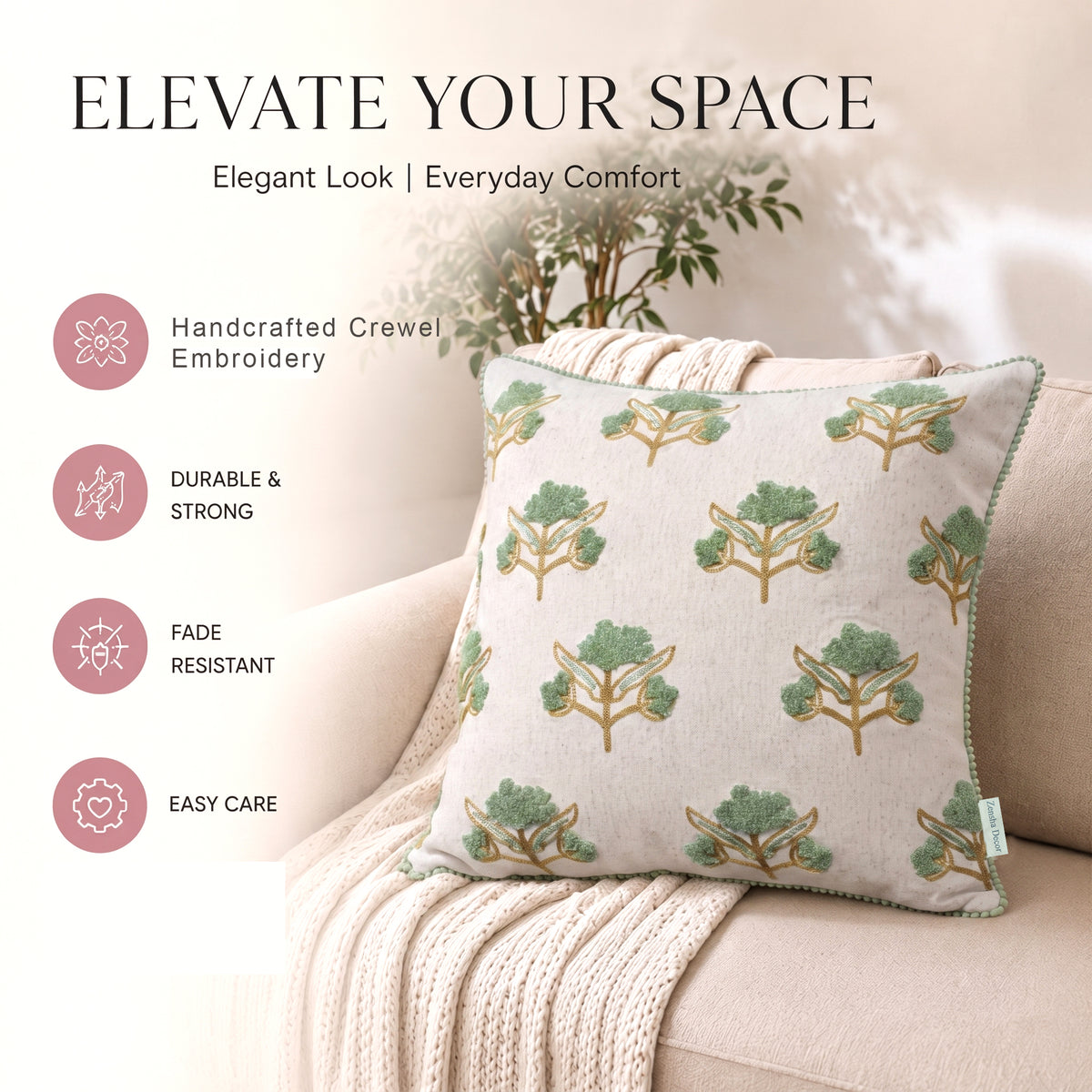 Zensha Decor 18 x 18 Inch Cotton Linen Cushion Cover, Tufted Floral Crewel Embroidery, Ivory with Sage Green & Ochre, Pom-Pom Trim