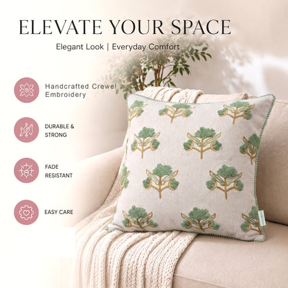 Zensha Decor 18 x 18 Inch Cotton Linen Cushion Cover, Tufted Floral Crewel Embroidery, Ivory with Sage Green & Ochre, Pom-Pom Trim