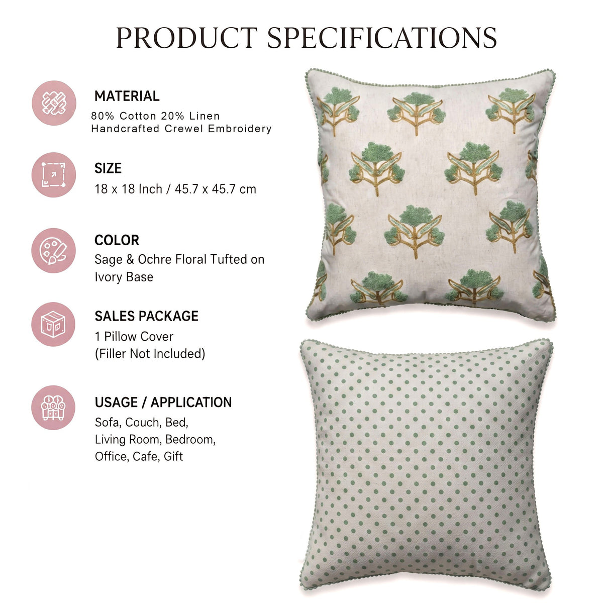 Zensha Decor 18 x 18 Inch Cotton Linen Cushion Cover, Tufted Floral Crewel Embroidery, Ivory with Sage Green & Ochre, Pom-Pom Trim