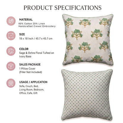 Zensha Decor 18 x 18 Inch Cotton Linen Cushion Cover, Tufted Floral Crewel Embroidery, Ivory with Sage Green & Ochre, Pom-Pom Trim