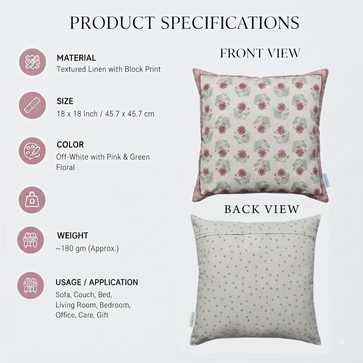 Zensha Decor Cotton Linen Cushion Cover 18 x 18 Inch, Off White Floral Block Print with Pink & Green Design